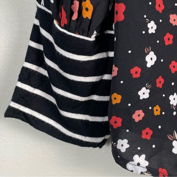 Cabi Floral Print Full Button Down Top Size XL Mixed Media Striped Jersey Cuff - Picture 4 of 9